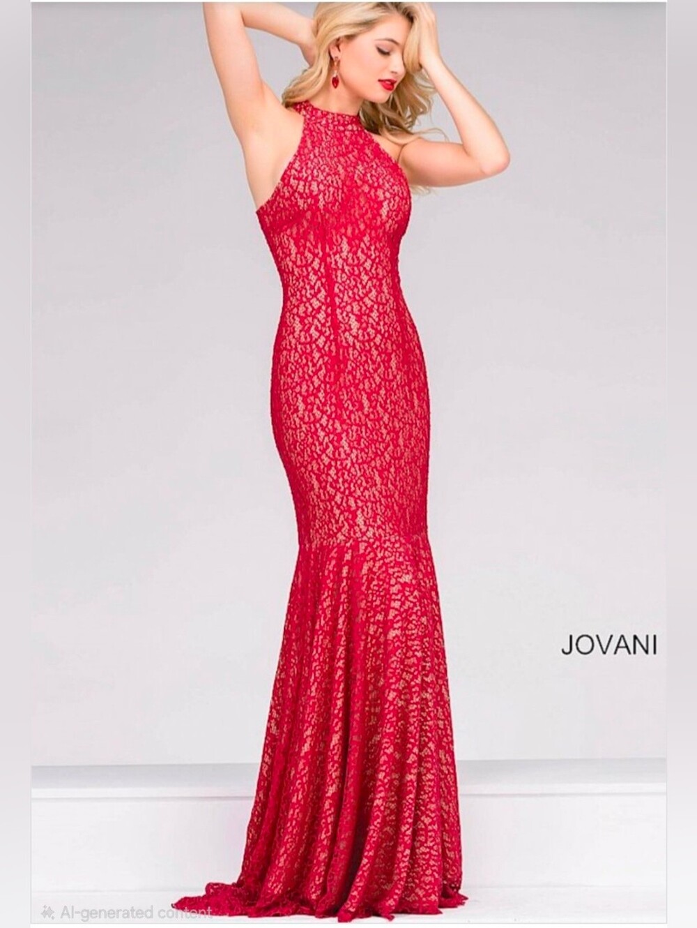 NWT JOVANI lace fitted gown in red/nude Embellished Rhinestone 25100A Size 4